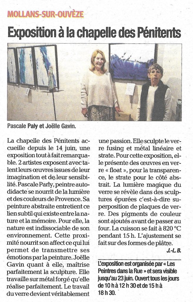 Article de journal de La Tribune (Drôme) autour de l'exposition de Pascale Paly et Joëlle Gavin de juin 2024. Rédaction Jean-Louis Bardy.